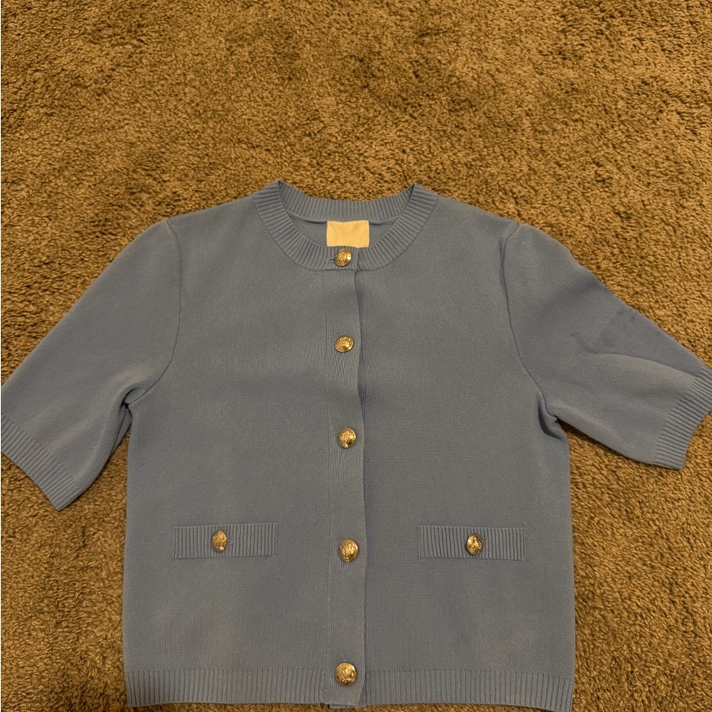 H&M Light Blue Short-Sleeve Knit Cardigan with Gold Buttons